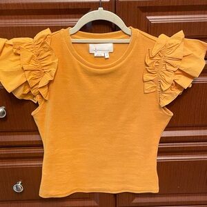 Anthropologie Orange Ribbed Ruffle Sleeve Top